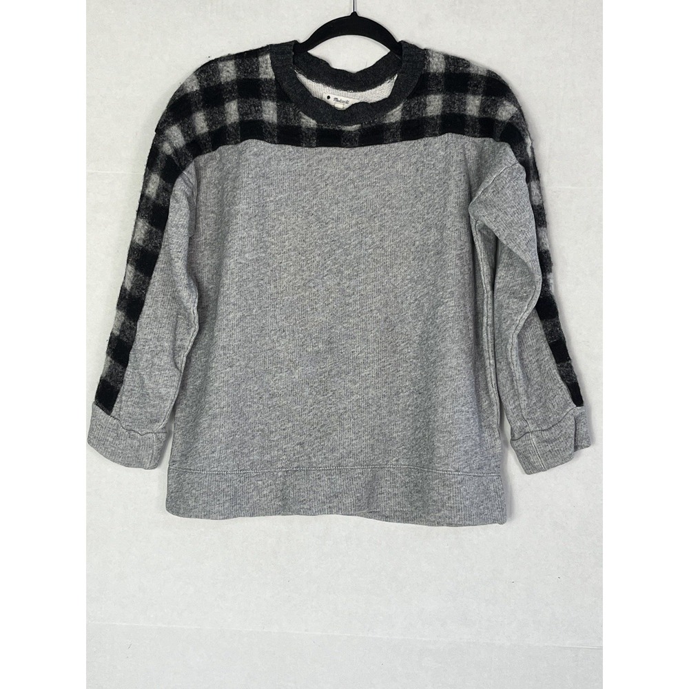 Madewell Sweater Women Small Wool Cotton Pullover Buffalo Plaid Check Gray Black